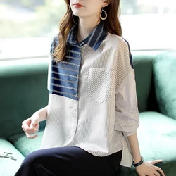 Casual Fashion Lapel Printed Pockets Spliced Striped Loose Shirt Female Clothing Autumn Commute Tops Oversized Korean Blouses