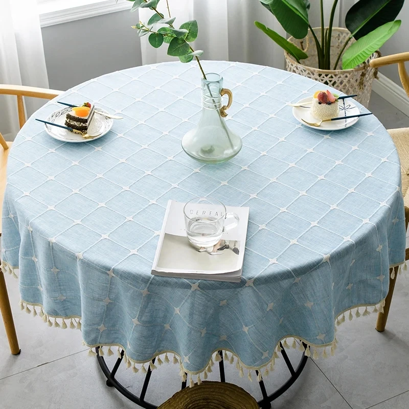 

Cotton and linen round tablecloth hotel banquet plaid cloth tabletop cover, indoor dining room, kitchen, outdoor decoration