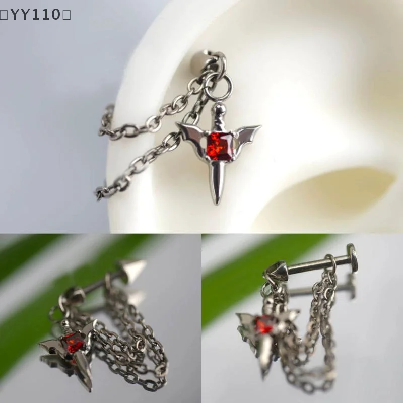 maveraYY110 Orecchino Piercing de cadena de ala de circón rojo para mujeres y hombres, remache gótico de Color plateado, pendiente de hueso del oído, accesorios de joyería