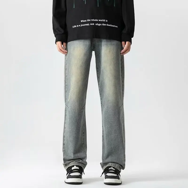 

Американские джинсовые джинсы в стиле ретро, мужские прямые свободные повседневные брюки с широкими штанинами для мальчиков, новая модель 2024, весенний сезон