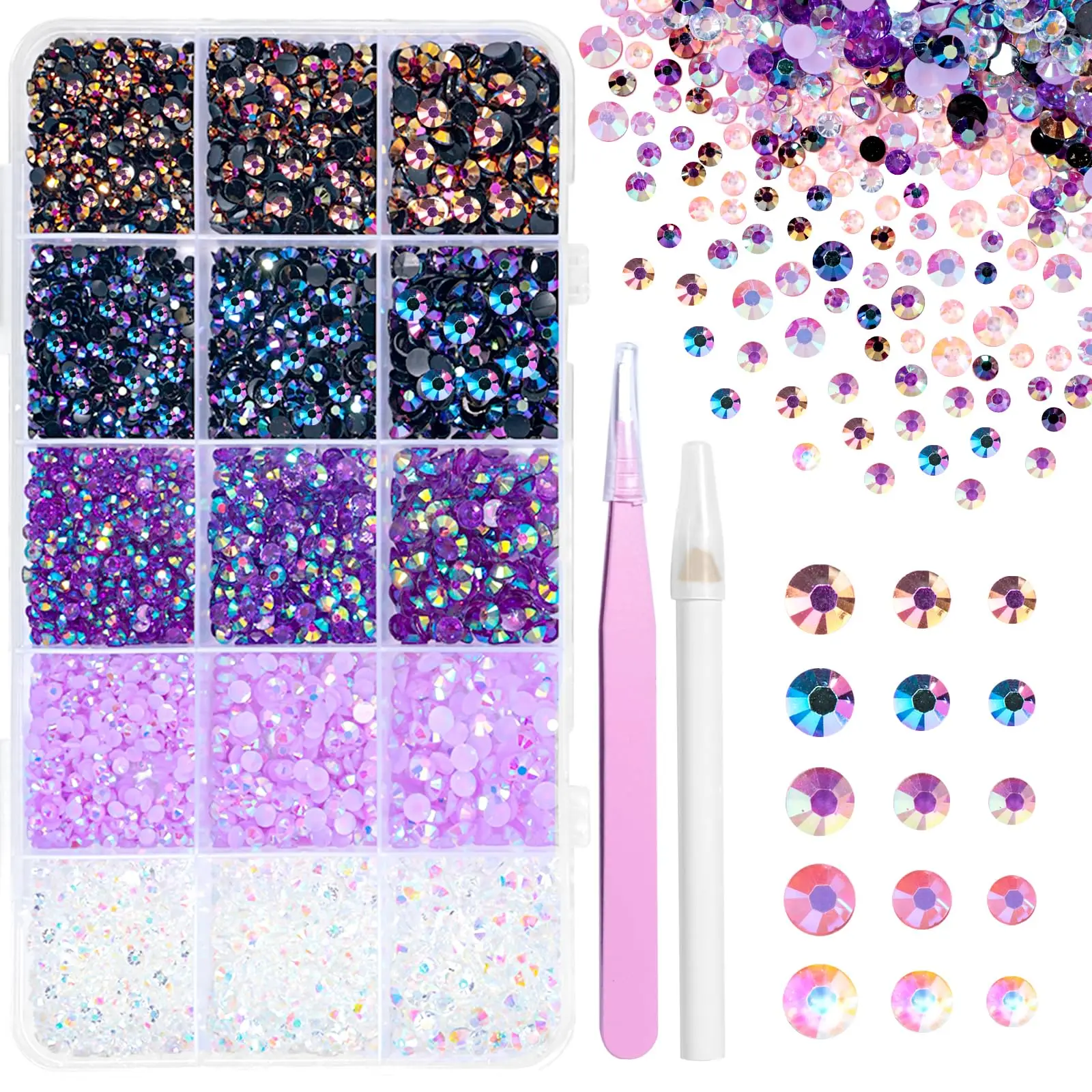 12000 Pcs Resin Jelly Rhinestones for Nail Art Crafting, Multi Sizes Flatback Beads Purple Color Nail Gems Nail Charms for DIY