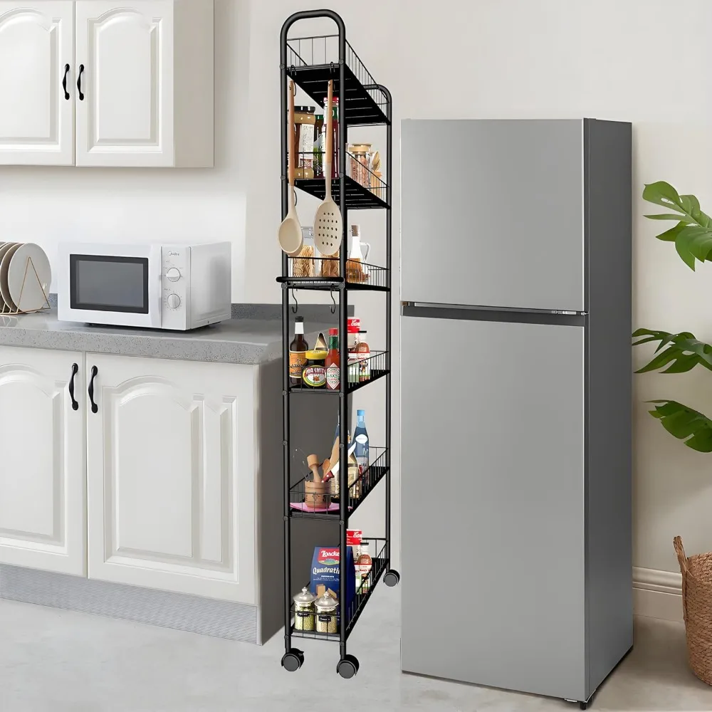 

Slim Rolling Cart, 6-Tier Mobile Storage with Wheels, Metal Wire Rack for Kitchen Bathroom Office Laundry Narrow Spaces