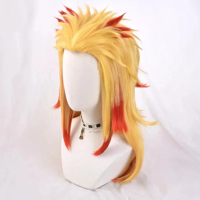 Anime Rengoku Kyoujurou Blonde Ombre Wig Cosplay Costume Men Women Heat Resistant Pontail Hair Wigs + Wig Cap