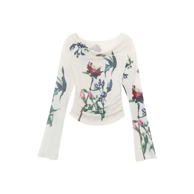 Retro Printed Long-sleeved T-shirt for Women in Autumn New French Style Inner Fit Slim Short Pleated Bottoming Shirt Top