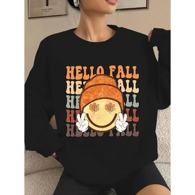 

Hello Fall Sweatshirt Unisex Funny Retro Smiley Face Graphic Pullover Autumn Leaves Vintage Cotton Top Fall Season Gift