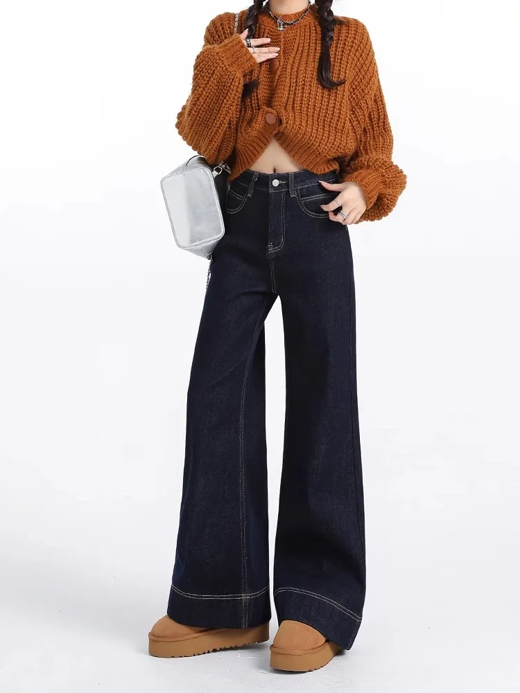 Anti-Fading Denim Blue Flared Jeans Women's Loose Fit Slimming Wide Leg Pants Winter Fleece High Waist Long Cotton Polyester ...