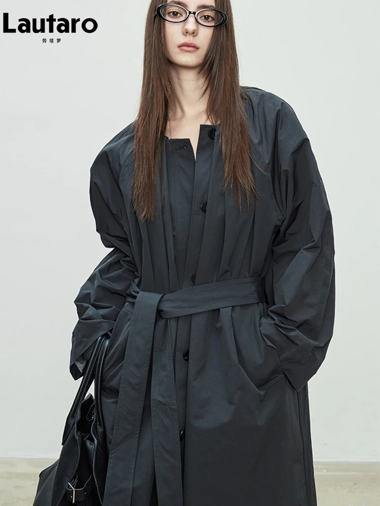 Lautaro Spring Autumn Long Oversized Navy Blue Trench Coat for Women Single Breasted Elegant Chic Luxury Designer Clothing 2026 view 6