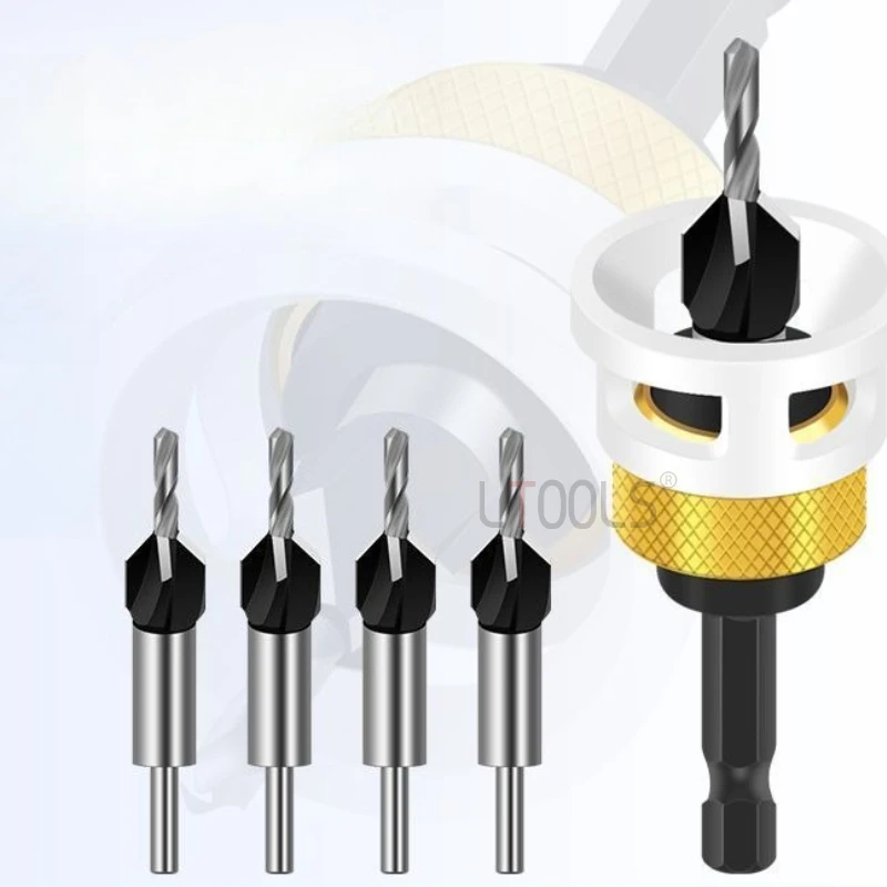 

Woodworking Adjustable Depth Step Drill Alloy Taper Hole Drill Multifunctional Limiting Four Blade Positioning Punching Tool Set