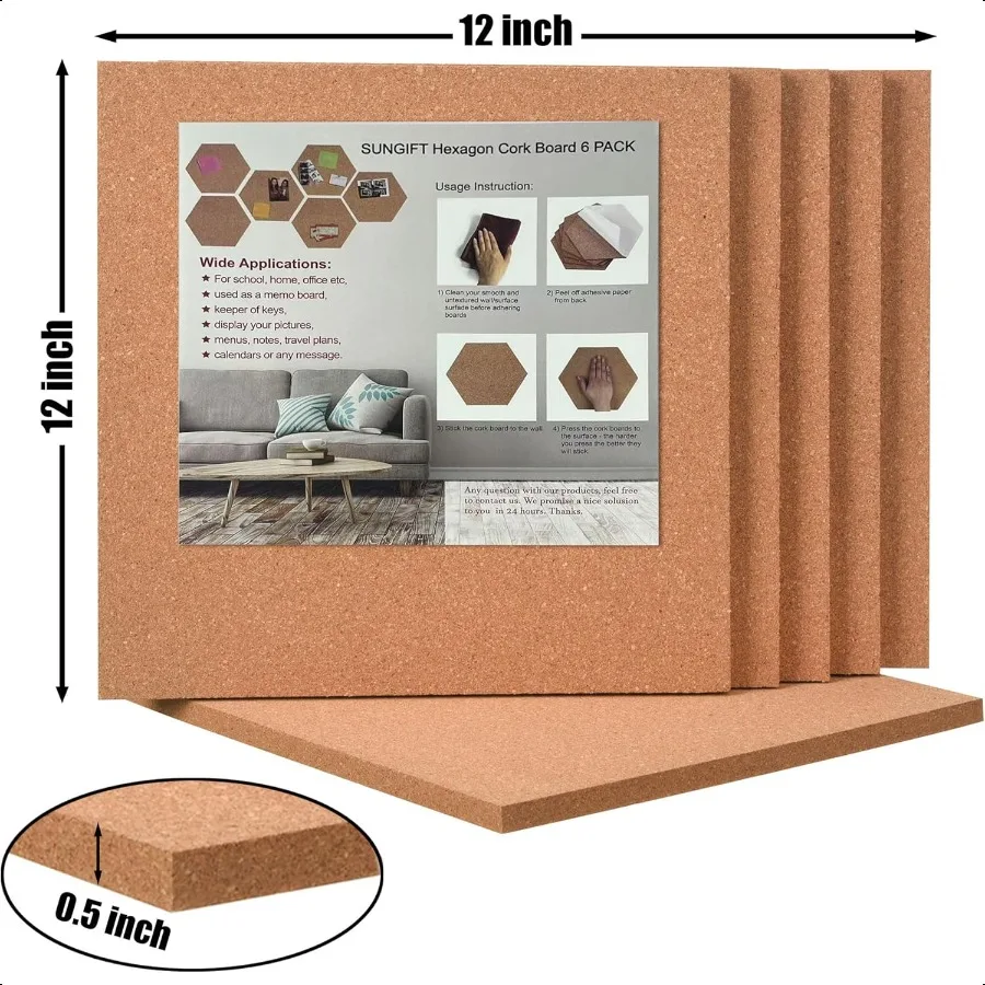 Cork Board 12"x12" 1 2" Thick Square Bulletin Boards 6 Pack Cork Tiles with 50 Push Pins Mini Wall SelfAdhesive Corkboards Tile