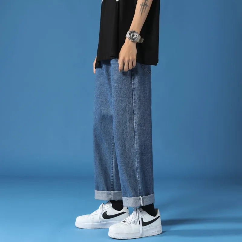 2024 Nieuwe Hete Verkopende Koreaanse Mode Heren Casual Katoenen Jeans Hoge Kwaliteit Klassieke Heren Straight Denim Wide-Leg Negen Punten Broek