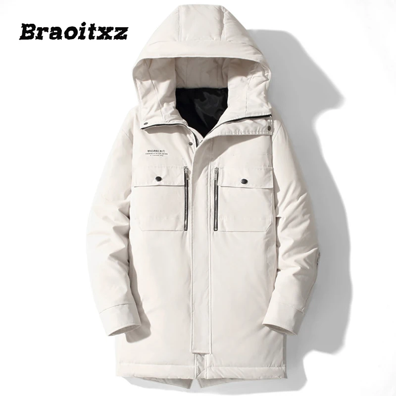 

2023 New Men Winter Casual Windproof Keep Warm Down Jacket Coats Men 80% White Duck Down Hooded Medium Length Down Jacket Men