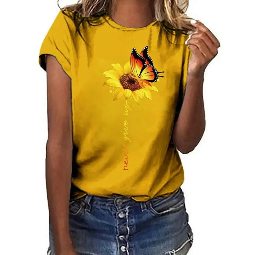 

Sunflower Printed Short Sleeve Top Women's Casual T-shirt European And American Style Never Give up Motivation Graphic Tee