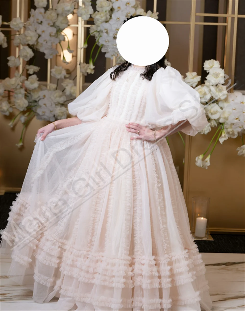 فساتين المناولة الأولى بأكمام قصيرة ورقبة عالية شبكية منفوشة أنيقة لفتاة الزهور مناسبة لحفلات الزفاف #3