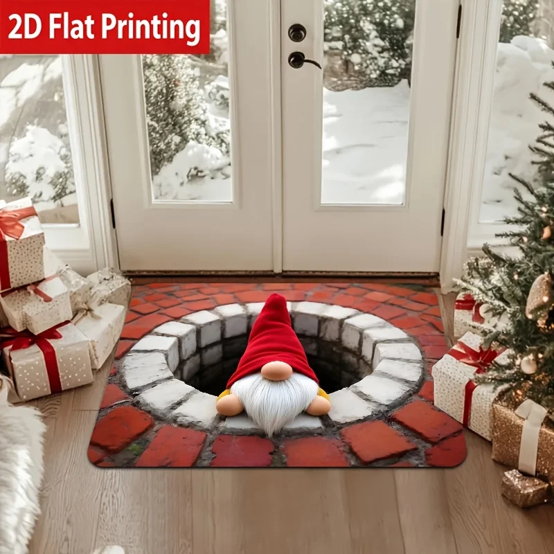 VIKAMA Christmas Gnome Chimney Half Round Doormat Non Slip Washable Rug for Front Door Entryway Kitchen Living Room Decor