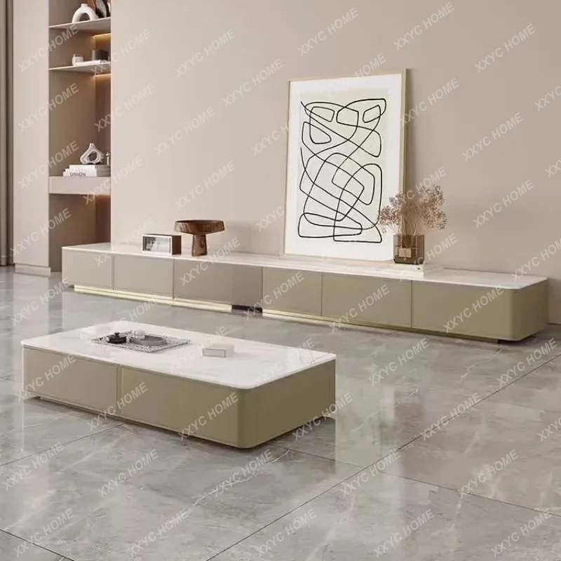 

L Living Room Home Modern Saddle Leather Rectangular Rock Slab Coffee Table TV Cabinet Set Rock Slab Coffee Table Floor Cabinet