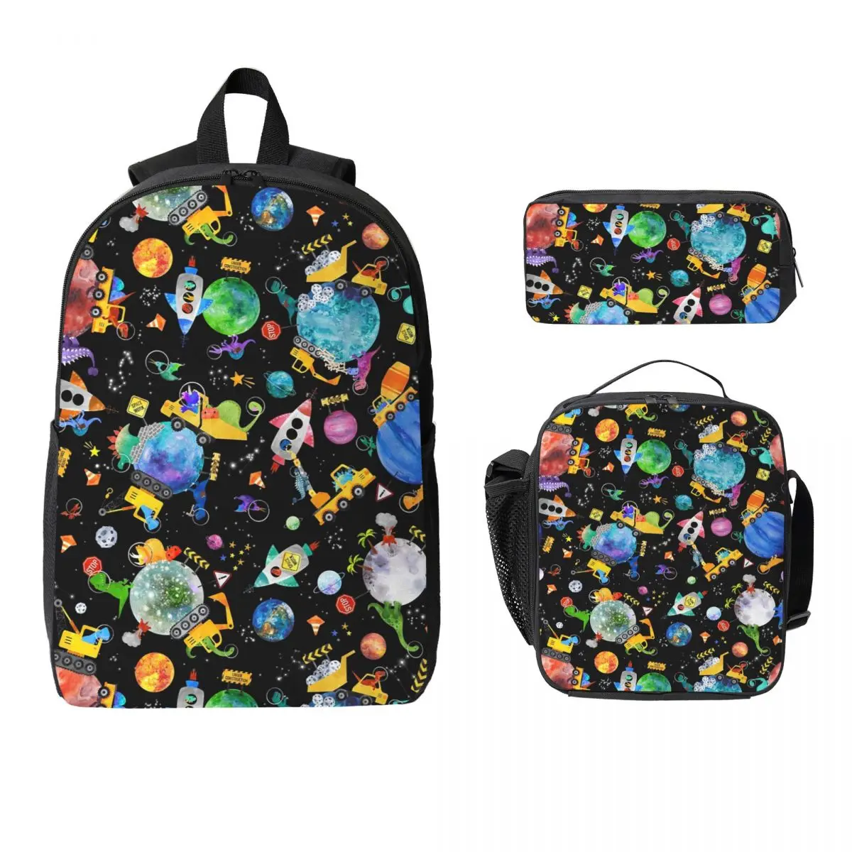 

Dinosaur Space Crew Galaxy Construction Backpack Student Boys Girls BookBag School Bag 3ps Insulated Lunch Bag Pencil Case
