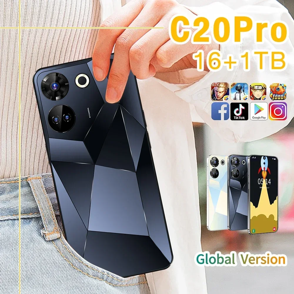 2024 New Cell Phone C20pro Smartphone 5G Original 7.3 HD 108MP Dual Sim Smart Mobile Phones Android 13 Face Unlocked Cellphones