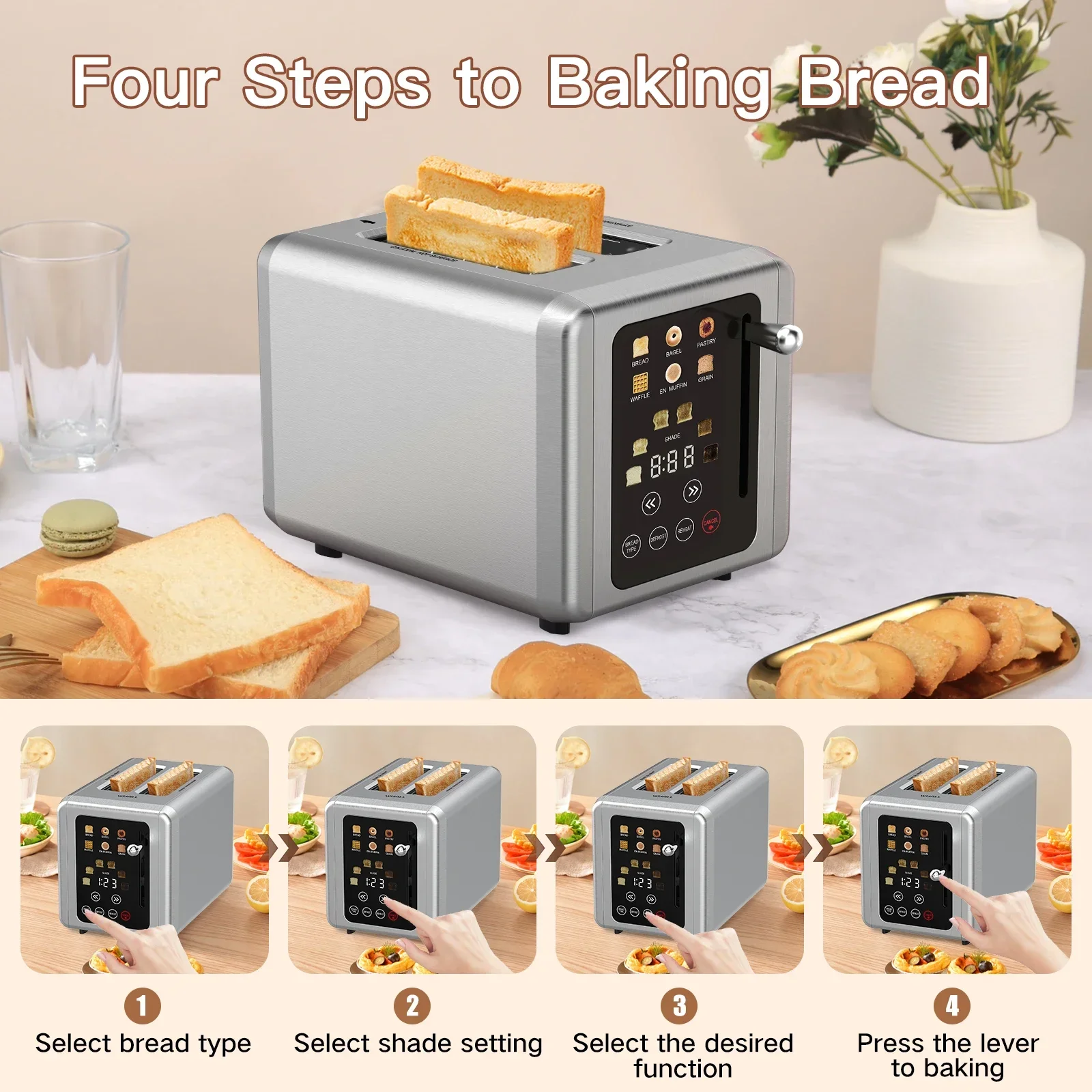 OMESER Electric Toaster 850W Automatic Breakfast Machine Grill Portable Intelligent Touch Screen Toaster Household Bread Maker