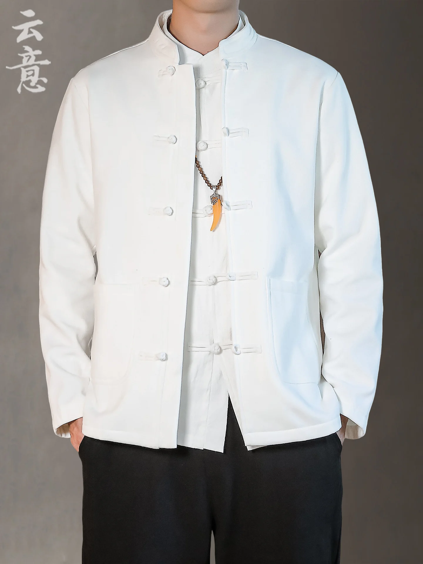 

Thickened Long Sleeve Fleece Lined Chinese Style Shirt Stand Collar Button up Men's Retro Tang Costume Cotton Linen Spring Shirt