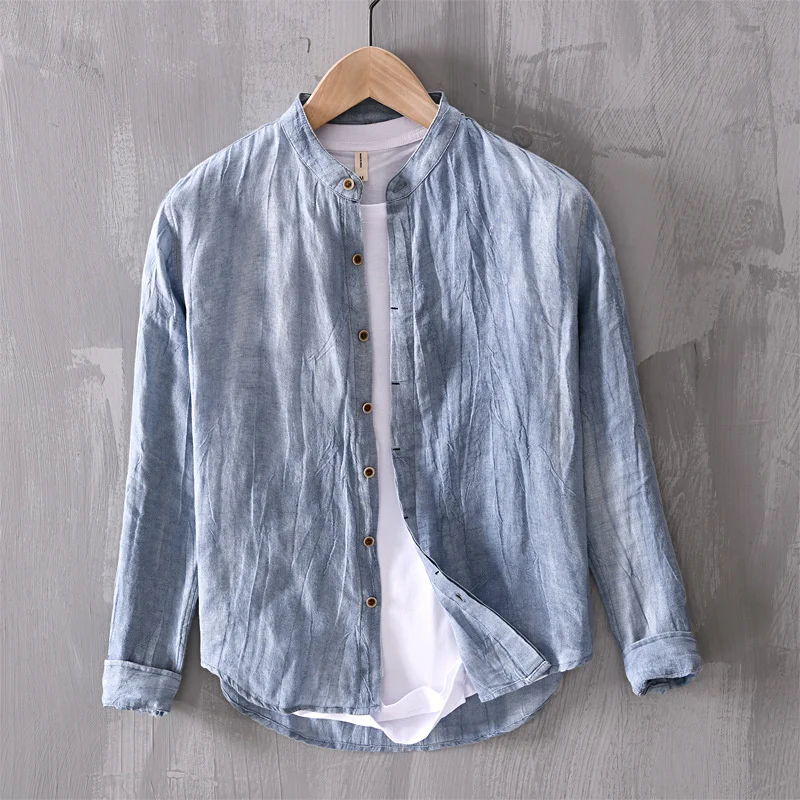 

2023 Mens Spring Fashion High Quality Linen Pleat Shirt Stand Collar long Sleeve Japan Comfortable Soft Healthy Vintage Tops