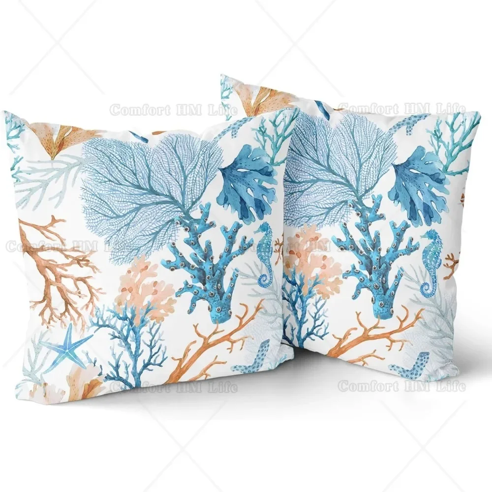 Coastal Throw Pillow Covers Set of 2 Nautical Coral Starfish Cushion Covers Summer Ocean Decorative Square Cotton Pillow Cases