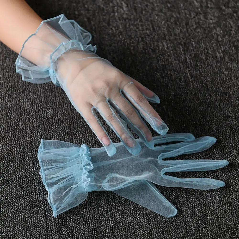 Elastische Transparente Frauen Tüll Handschuhe Ultra Dünne Volle Finger Gaze Spitze Handschuhe Braut Kurze Hochzeit Mesh Handschuhe Damen