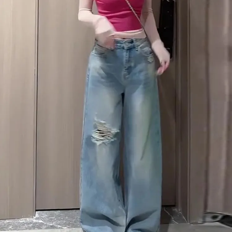 

Американские ретро джинсы с высокой талией и широкими штанинами, женские свободные брюки для похудения, длиной до пола, драпированные прямые брюки