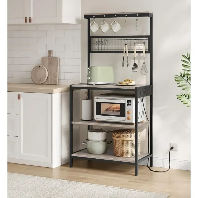 Bakers Rack with Charging Station, Coffee Bar Stand with Adjustable Storage Shelf, Grid Panel, 12 Hooks， Kitchen Storage