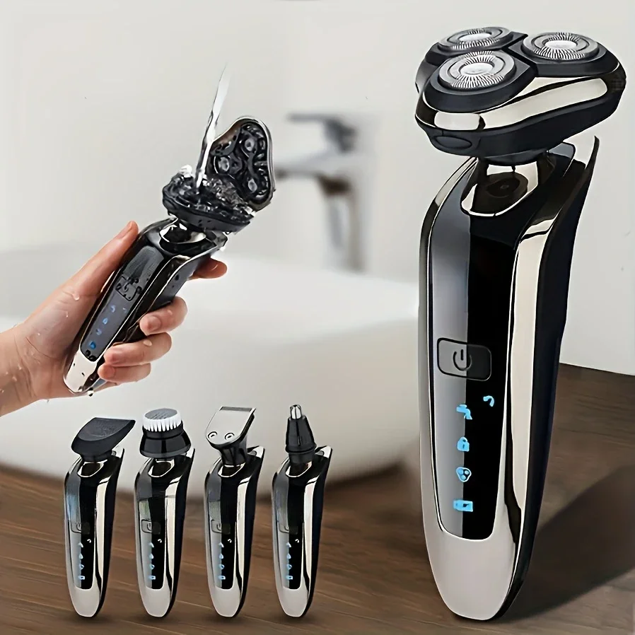 

Rechargeable Waterproof Men's Shaver with Nose and Sideburn Trimmers, Face Cleaning Brush - Achieve a Smooth and Clean Shave Eve
