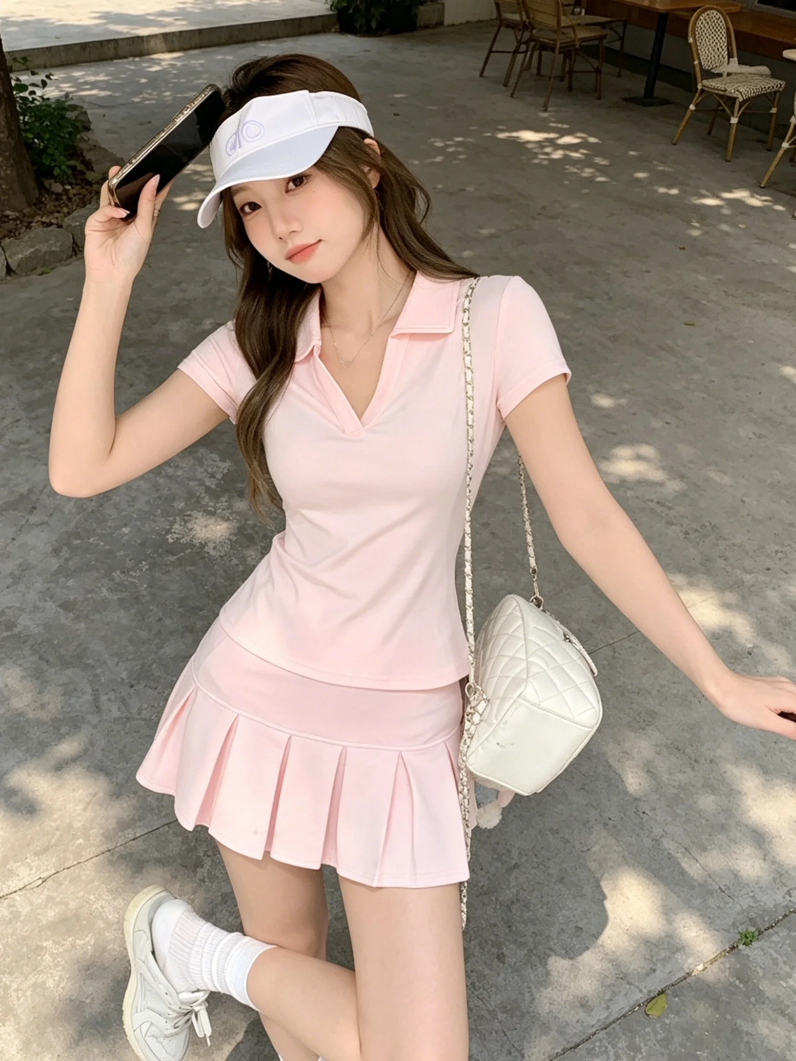 Pink  Shirt T-Shirt Women Summer Slim Fit V-Neck Top with A-Line  Skirt Set Short Sleeve Formal Shoulder High Waist