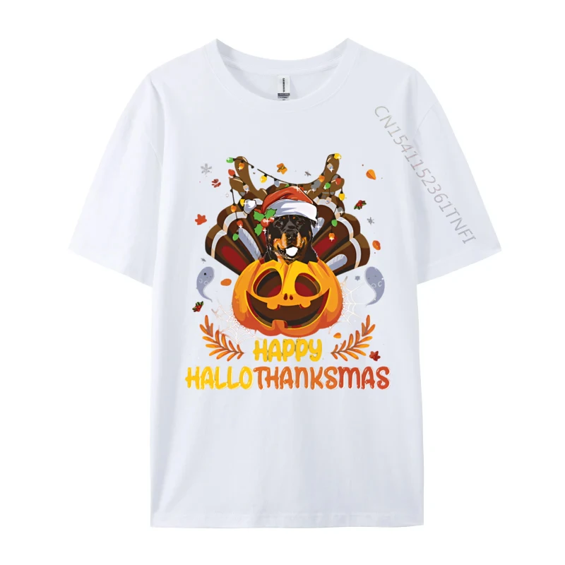 Rottweiler Happy Hallo Thanksmas Halloween T-shirt Vintage Cheerful Cotton T-shirts Blue And White Graphic T Shirts