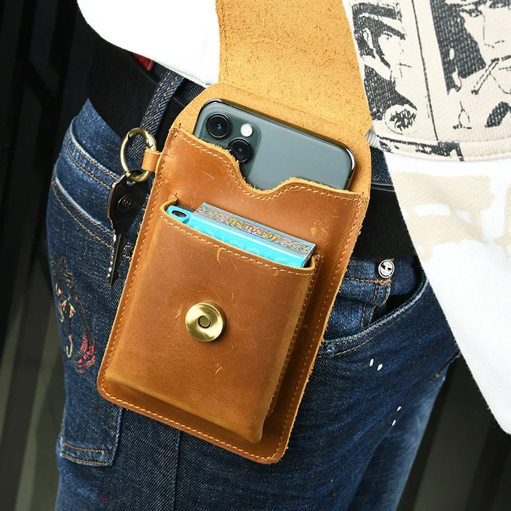 Moterm Genuine Leather Waist Bag Men Vintage Crazy Horse Cowhide Mini Belt Waist Pack Cigarette Case Pouch Male Lighter Pocket