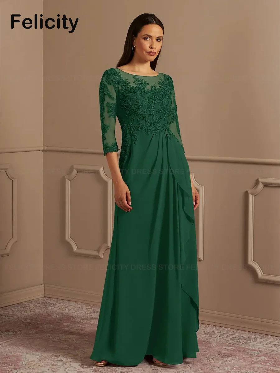 Green Mother of the Bride Dresses 2023 A-Line O-neck Floor-Length  Lace Pleated Formal Wedding Guest Dresses Vestidos de Gala