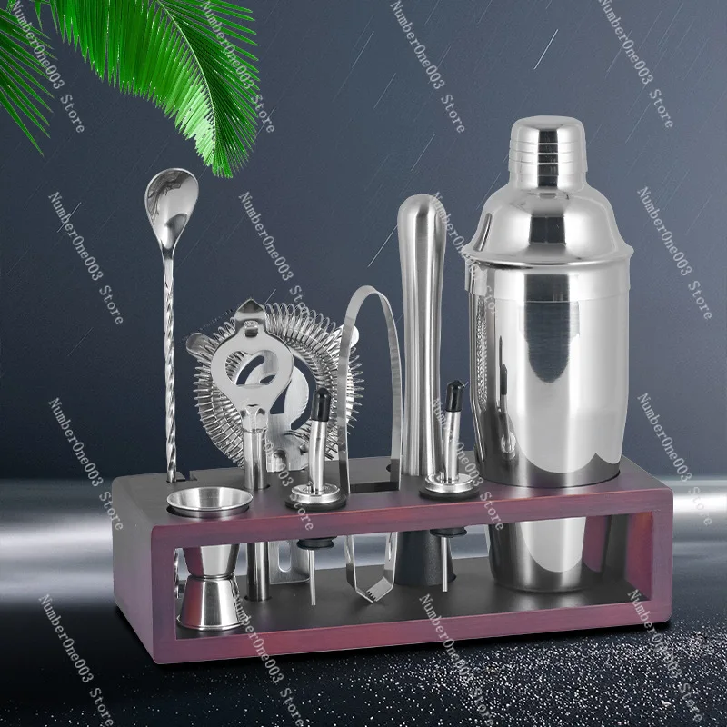 Stainless Steel Shaker Set with Wooden Stand Shaker Glasses Cocktail  Bar Full Set of Tools