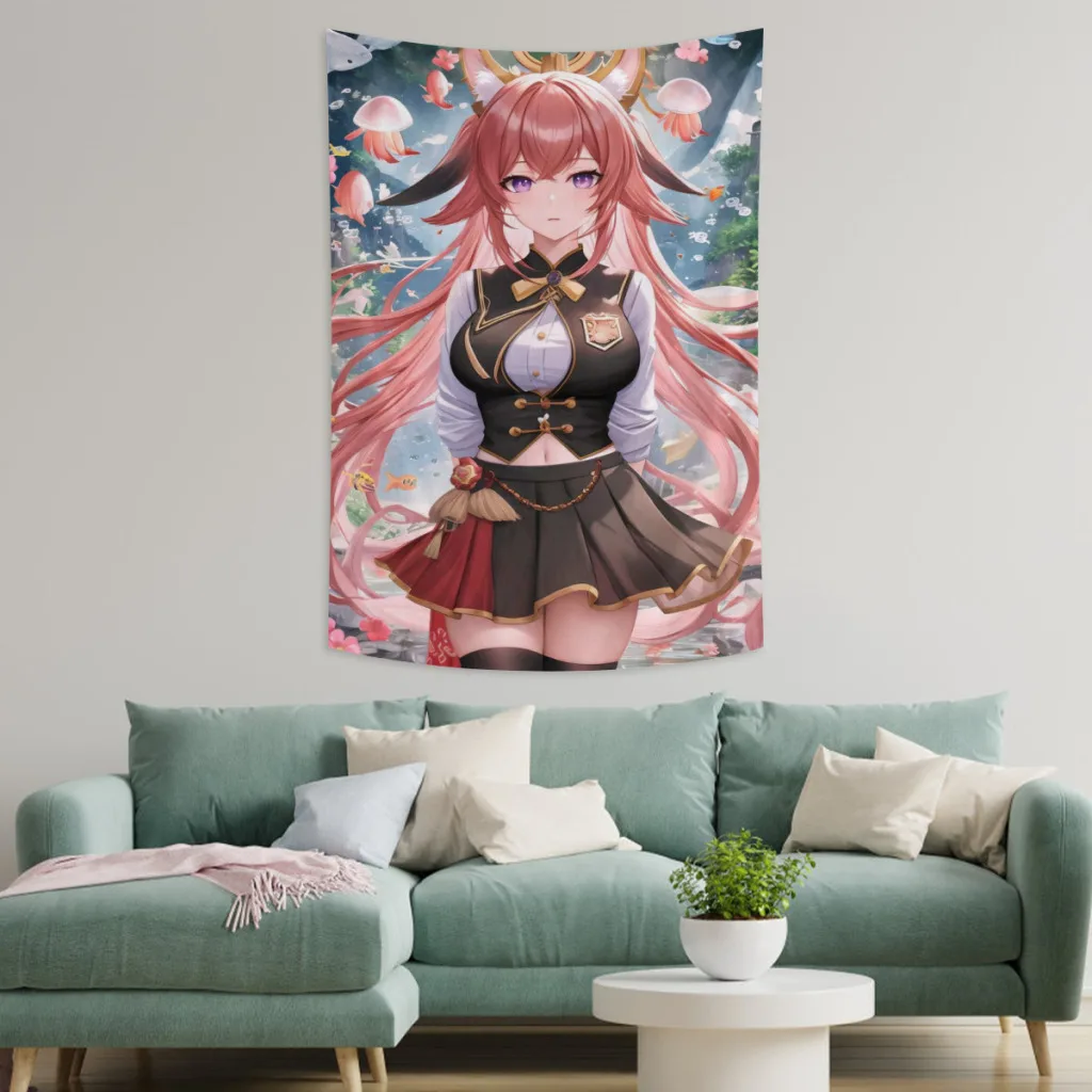 Custom  Genshin Yae Miko Tapestry Game Character  Yae Miyaji Wall Hanging Room Decor Aesthetic Lovely Poster