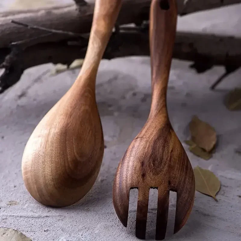 Juego de cucharas de madera grandes para servir ensalada y cena, utensilios de vajilla