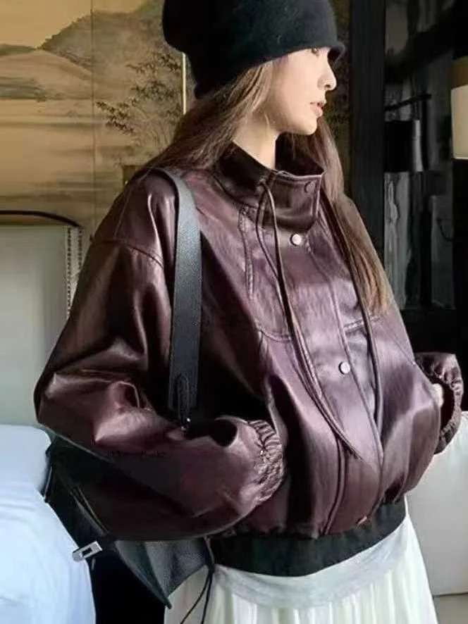 JJS2025 쿨 스타일 짧은 블랙 가죽 재킷 여성 슬림 핏 라운드 넥 코트 봄 가을 패션 아우터웨어