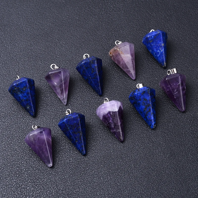 

24Pcs Fashion Healing Purple Crystal Amethysts Conical Pendant Necklaces Natural Stone Necklaces Leather Chain For Women Jewelry