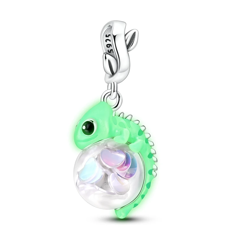 925 Sterling Silver Glow in the Dark Chameleon Dangle Charm Lizard Clear Glass Ball Pendant Fit Bracelet Glowing Jewelry Gift