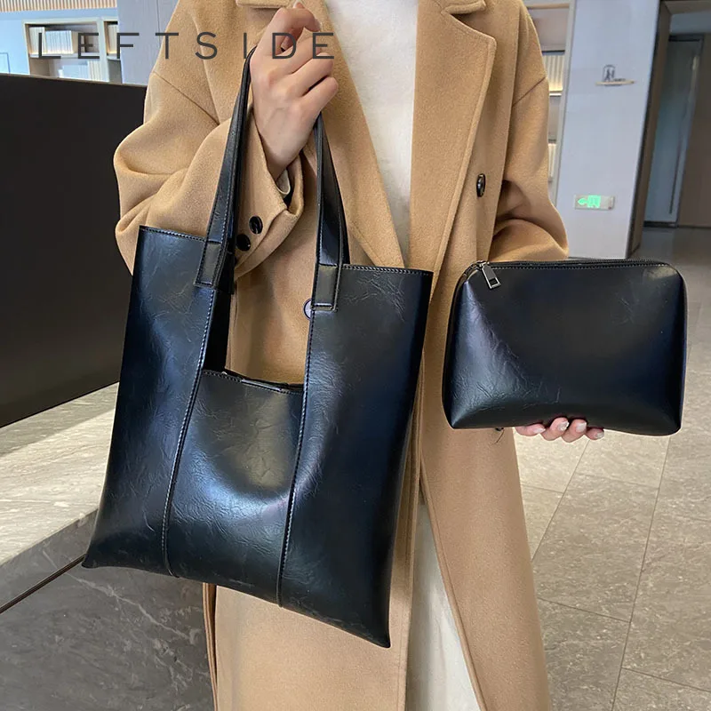 LEFTSIDE 2 Pcs/set Retro Big Shoulder Bags for Women Simple Tote Bag 2023 Winter PU Leather Hand Bag Lady Vintage Handbags