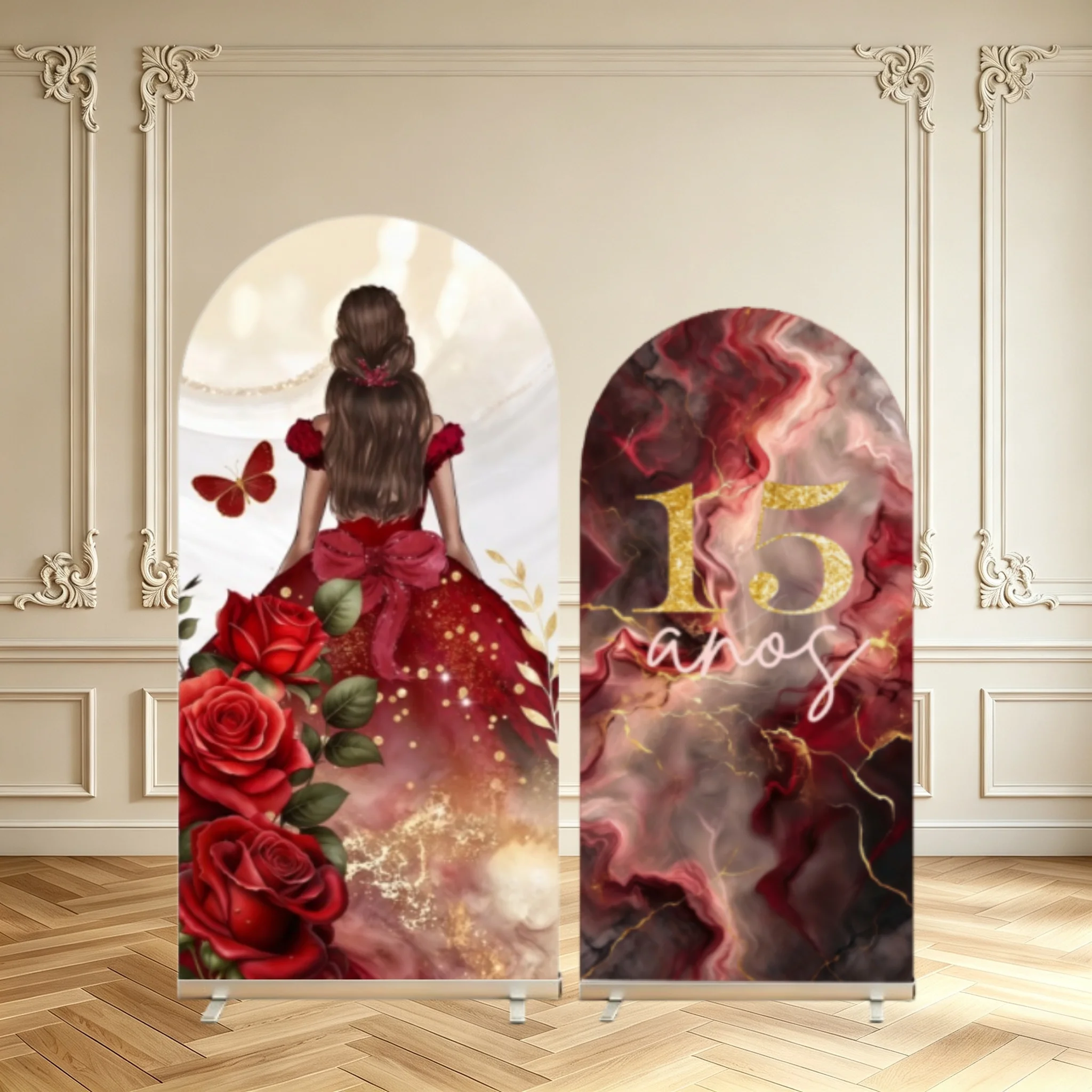 Quinceañera 15th Birthday Arch Backdrop Cover Red Rose Princess Marble Design Sweet 15 Años Party Decor Double Sided Arch Covers