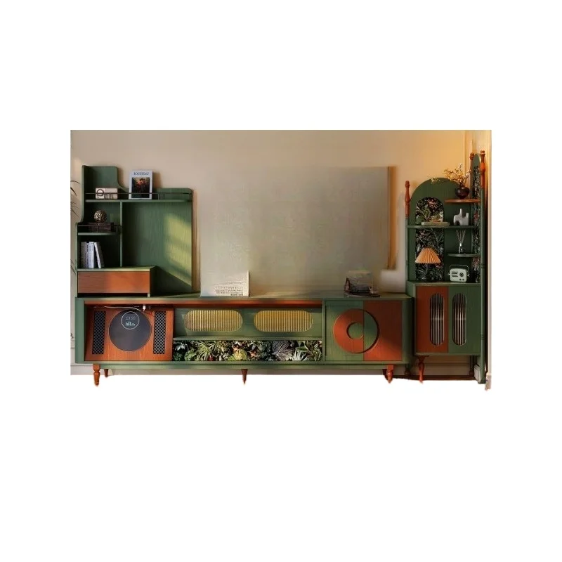 French retro TV cabinet, small apartment living room solid wood storage locker integrated, medieval floor household cabinet