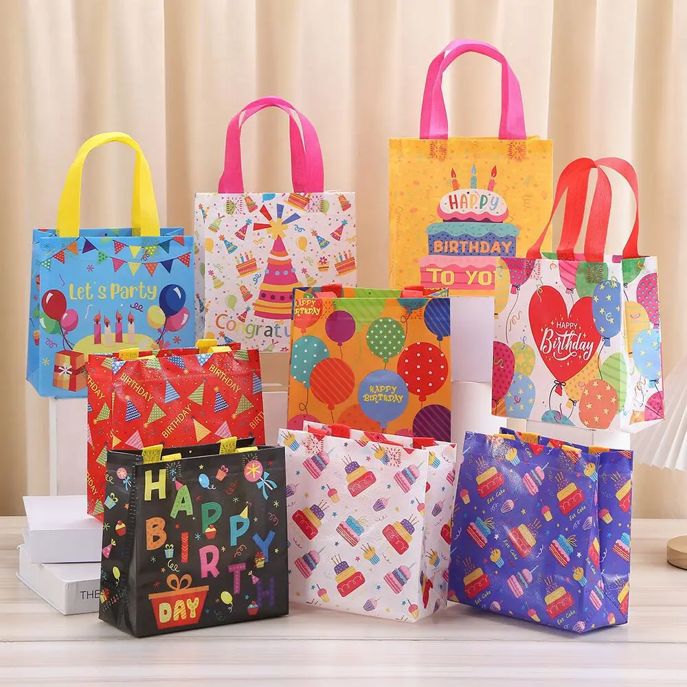 4Pcs Colorful  Non-woven Happy Birthday Gift Packaging Bag Candy Cookie Tote Bags for Kids Birthday Baby Shower Party Favor Bags