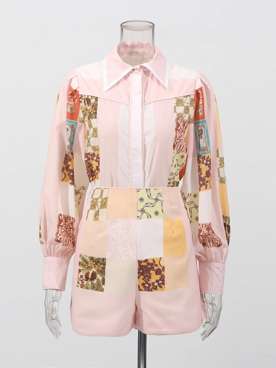 TWOTWINSTYLE, conjuntos de dos piezas con estampado de colores para mujer, solapa, manga larga, retazos, Top de una botonadura, pantalones cortos, conjunto femenino nuevo