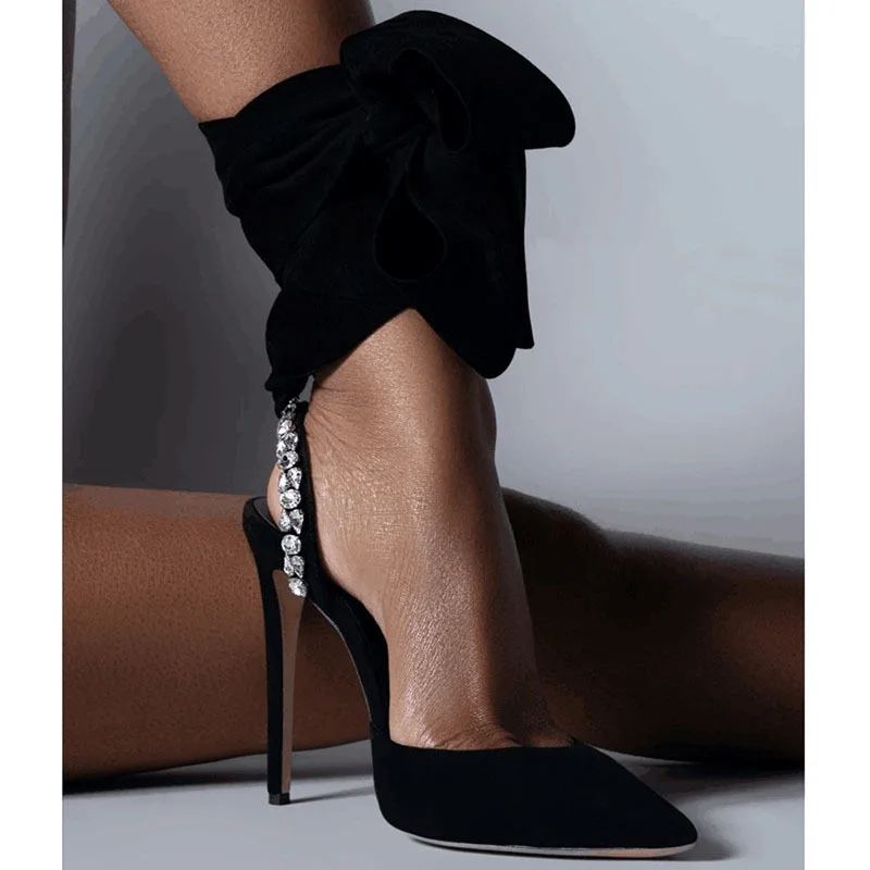 

Rhinestone Lace-up High Heels Black Pointed Toe Slingback Sandals Summer Elegant Women Shoes Sexy Pumps