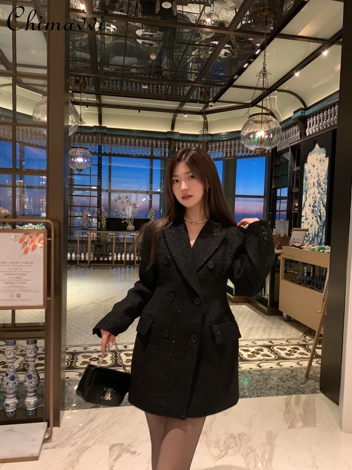 

Glossy Black Suit Jacket for Women 2024 Autumn New Casual Fashion Retro High-End All-Match Hourglass Waist-Tight Blazers Coat