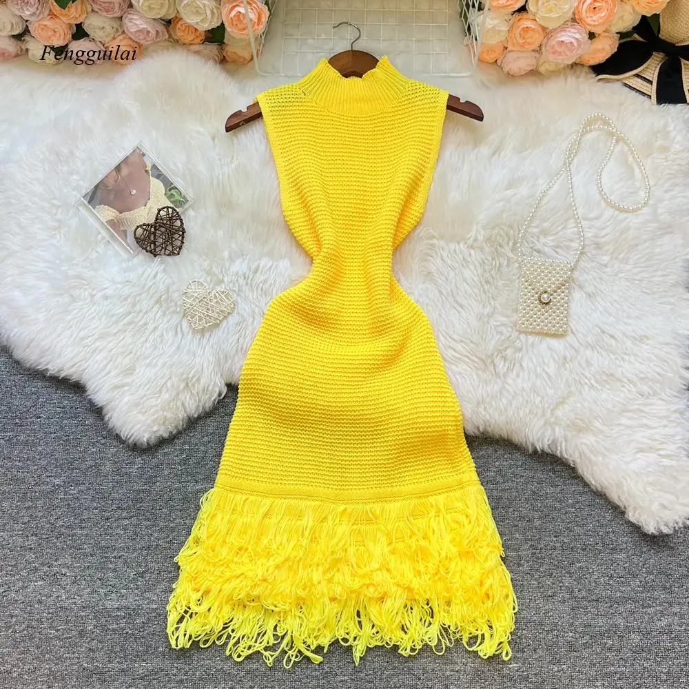 Women Dress New Summer Fashion Sexy Openwork Stitching Sleeveless Bodycon Party Dress Korean Lady Beach Vestidos
