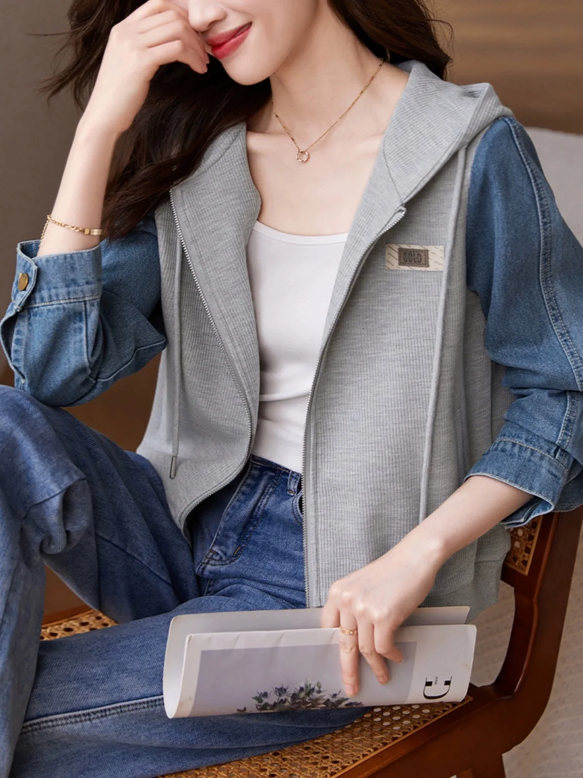 ملابس خارجية غير رسمية من قماش الدنيم بقلنسوة Jaet Dstring ملابس خارجية متعددة الاستخدامات من ألياف البوليستر عالية الجودة طويلة Sve V-ne Commute Sle