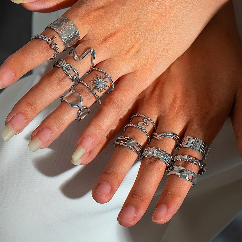 ANENJERY 316L Stainless Steel Strange Line Letter Knot Open Ring for Women Men Fashion Jewelry Gifts Wholesale