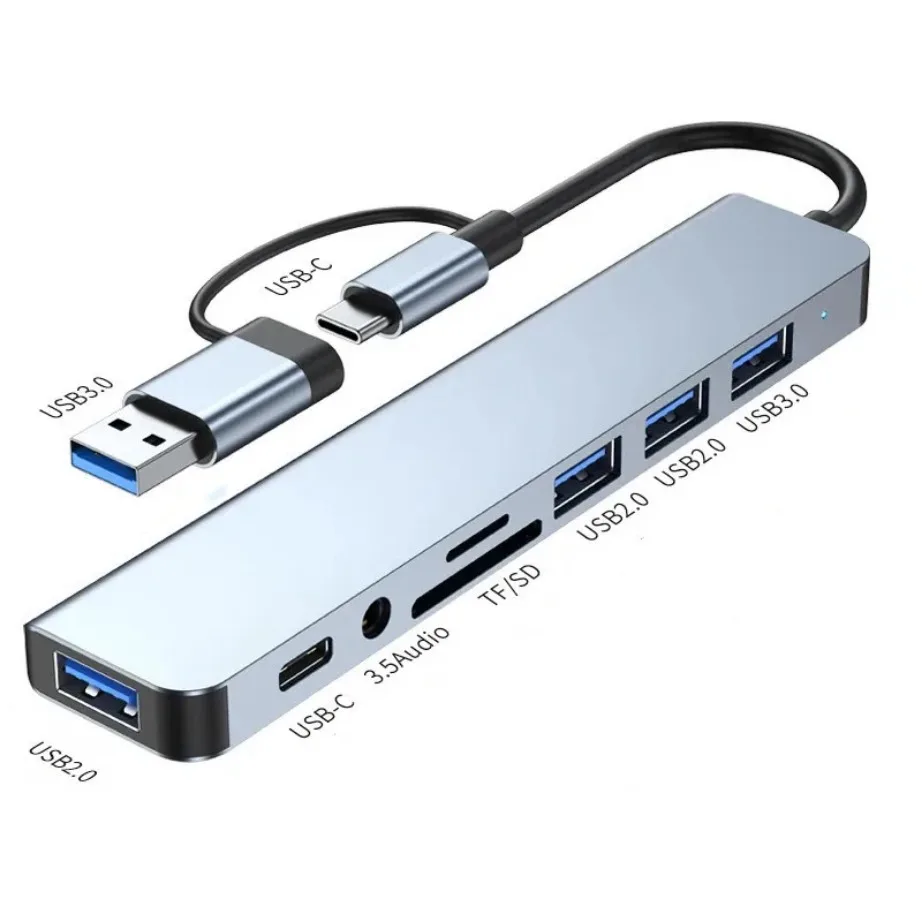 YIGETOHDE 8 in 2 Ports Type C Hub Concentrator Docking USB 3.0/2.0 Multi Adapter SD TF Card Reader Audio Extender Splitter